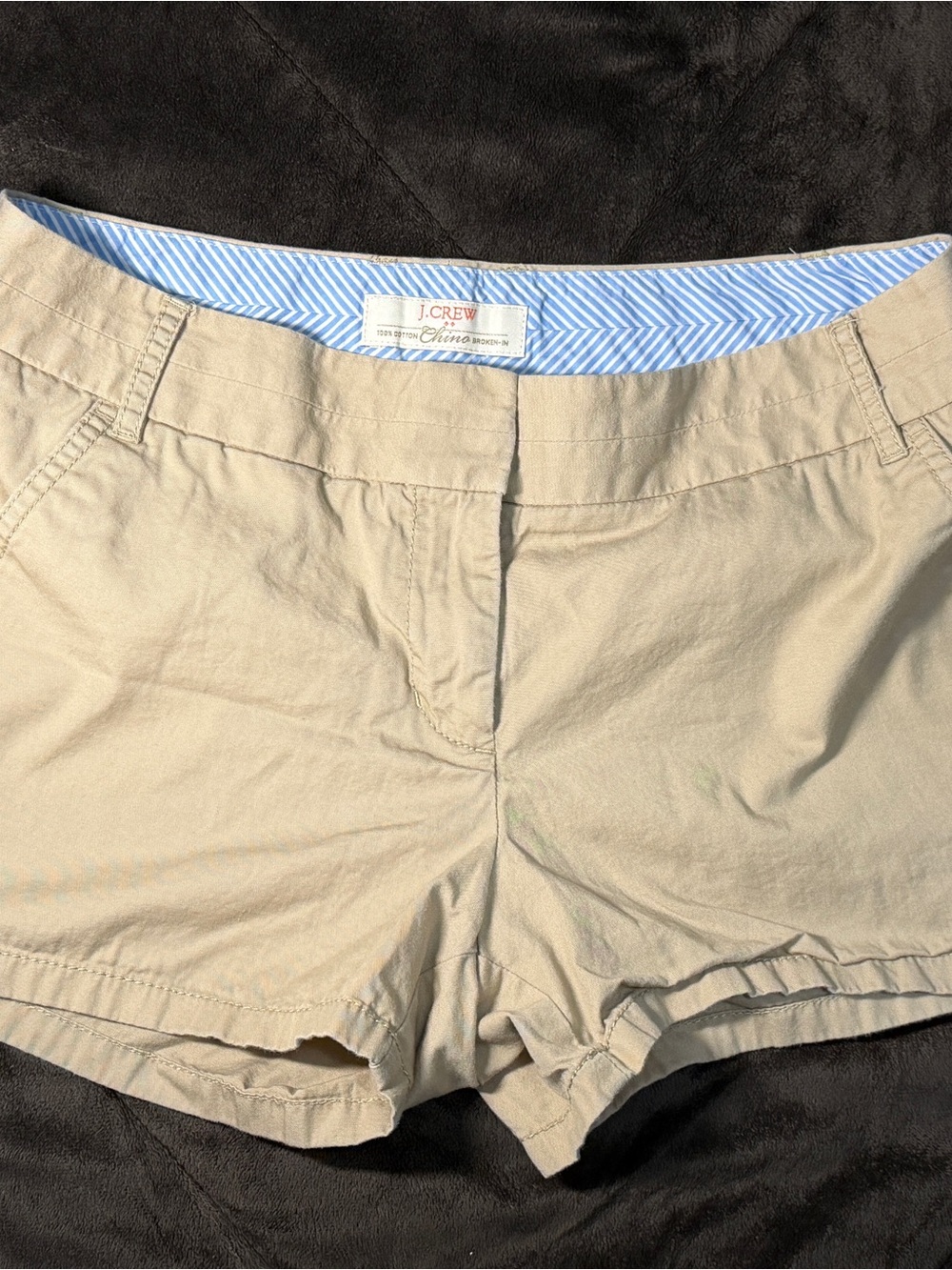 J. Crew Women's Khaki Chino Shorts with Blue Stripe Waist Lining